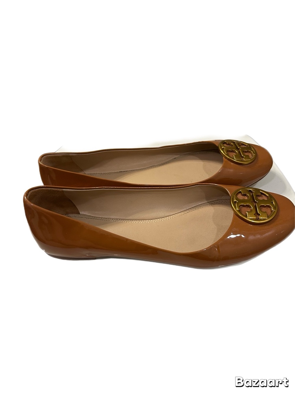 Tory Burch Chelsea Patent Leather Ballet Flats Tan Umber Gold Logo Size 7.5 - Picture 3 of 6